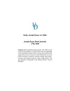 Beale, Joseph Hoare (d[removed]Joseph Hoare Beale journals[removed]Abstract: The Joseph Hoare Beale journals, [removed], consist