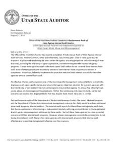 OFFICE OF THE  UTAH STATE AUDITOR News Release For Immediate Release August 27, 2013