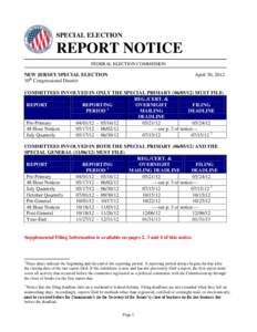 SPECIAL ELECTION  REPORT NOTICE FEDERAL ELECTION COMMISSION  NEW JERSEY SPECIAL ELECTION