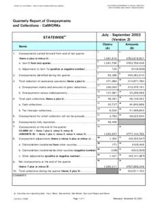 CA[removed]Quarterly Report for Overpayments and Collections - CalWORKs, Jul-Sep03.