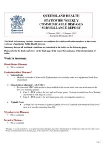 Queensland Health Statewide Weekly Communicable Diseases Surveillance Report for 12 January 2015 to 18 January 2015
