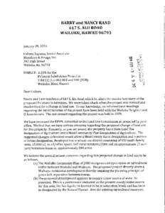 BARRY and NANCY RAND 617 S. ALU ROAD WAILUKU, HAWAII[removed]January 28, 2014 Colleen Suyama, Senior Associate