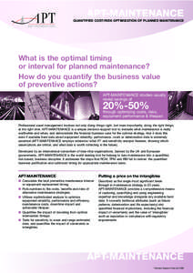 APT-MAINTENANCE QUANTIFIED COST/RISK OPTIMIZATION OF PLANNED MAINTENANCE What is the optimal timing or interval for planned maintenance? How do you quantify the business value