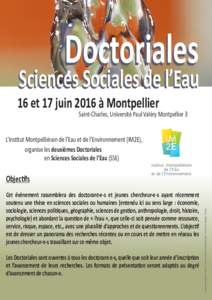 Doctoriales  Sciences Sociales de l’Eau 16 et 17 juin 2016 à Montpellier