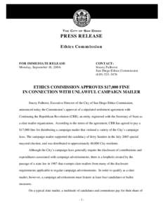 PRESS RELEASE Ethics Commission FOR IMMEDIATE RELEASE Monday, September 18, 2006