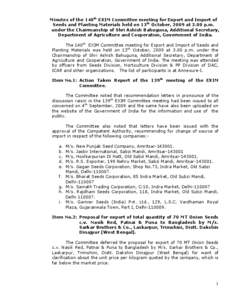 Minutes of the 140th EXIM Committee meeting for Export and Import of Seeds and Planting Materials held on 13th October, 2009 at 3.00 p.m. under the Chairmanship of Shri Ashish Bahuguna, Additional Secretary, Department o