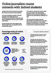 Online journalism course connects with Jschool students Jschool’s new online course has received the thumbs up from journalism students. A survey of students enrolled in the first semester of the 2014 Diploma of