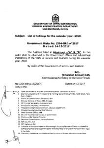 GENERAL ADMINISTRATION DEPARTMENT. Civil Secretariat, Jammu Subject: List of holidays for the calendar yealrGovernment Order No: 1584-GAD of 2017 D a t e d: 