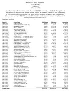 Greenlee County Treasurer Diane Berube P.O. Box 1227 Clifton, AZ[removed]According to Arizona Revised Statues, article 42, section 18109: This is to notify you that I will offer at public sale