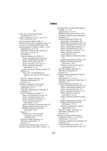 ,QGH[ Australian Office of Financial Management (AOFM), 1, 91–116 Appropriations, 91–92, 95 Budgeted administered cash flows, 108 Competitive tendering and contracting, 97