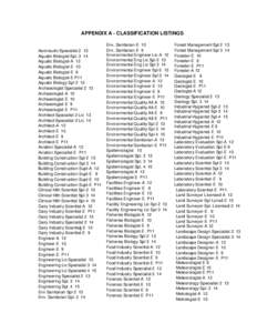 APPENDIX A - CLASSIFICATION LISTINGS  Aeronautic Specialist-2 13 Aquatic Biologist Spl[removed]Aquatic Biologist-A 12 Aquatic Biologist-E 10