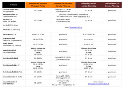 Gebäude Christoph-Probst-Platz 1 (Hauptgebäude) Während des Semesters Montag bis Freitag