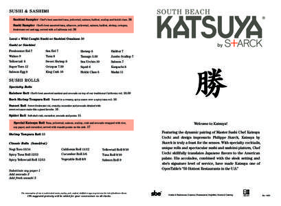 S U SH I & SAS HIMI Sashimi Sampler Chef’s best assorted tuna, yellowtail, salmon, halibut, scallop and hokki clam. 36 Sushi Sampler Chef’s best assorted tuna, albacore, yellowtail, salmon, halibut, shrimp, octopus, 