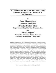 A CO-PRODUCTION MODEL OF CODE ENFORCEMENT AND NUISANCE ABATEMENT by  Anne Blumenberg