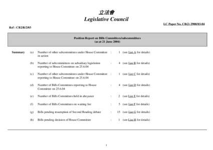 立法會 Legislative Council LC Paper No. CB[removed]Ref : CB2/R[removed]Position Report on Bills Committees/subcommittees