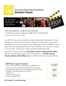 American Planning Association Maryland Chapter Wednesday August 20 5:00-8:00 pm