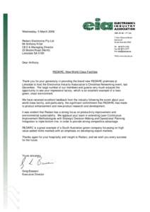 Wednesday, 5 March 2008 Redarc Electronics Pty Ltd Mr Anthony Kittel CEO & Managing Director 23 Brodie Road (North) Lonsdale SA 5160