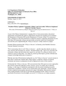 U.S. Department of Education Office of Communications & Outreach, Press Office 400 Maryland Ave., S.W. Washington, D.C[removed]FOR IMMEDIATE RELEASE: Monday, August 12, 2013