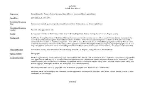 GC 1323 Historic Sites Surveys Repository: Seaver Center for Western History Research, Natural History Museum of Los Angeles County