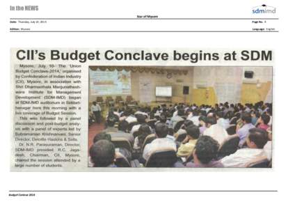 In the NEWS Star of Mysore Date: Thursday, July 10, 2014 Page No. 9