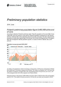Population[removed]Preliminary population statistics 2014, June  Finland’s preliminary population figure 5,460,459 at the end