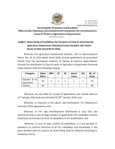 PhFaxEmail:  Government of Jammu and Kashmir Office of the Chairman, Divisional Level Committee for recruitment to