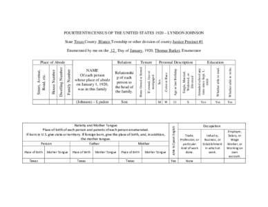 FOURTEENTH CENSUS OF THE UNITED STATES 1920 – LYNDON JOHNSON State Texas County Blanco Township or other division of county Justice Precinct #1 Enumerated by me on the 12 Day of January, 1920, Thomas Barker, Enumerator