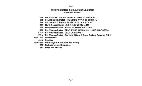 Sheet1  ARROYO GRANDE GENEALOGICAL LIBRARY Table of Contents[removed]