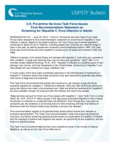 U.S. Preventive Services Task Force Issues Final Recommendation Statement on Screening for Hepatitis C Virus Infection in Adults