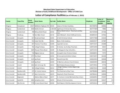 Maryland State Department of Education Division of Early Childhood Development - Office of Child Care Letter of Compliance Facilities (as of February 1, 2015) Street Street Name