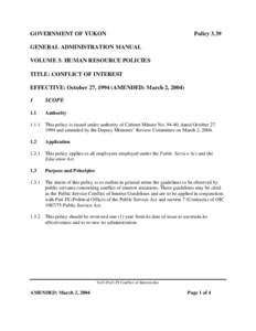 GOVERNMENT OF YUKON  Policy 3.39 GENERAL ADMINISTRATION MANUAL VOLUME 3: HUMAN RESOURCE POLICIES