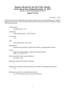 Business Results for the First Nine Months of the Fiscal Year Ending December 31, 2013 (January 1, 2013 through September 30, [removed]Japan GAAP) November 7, 2013