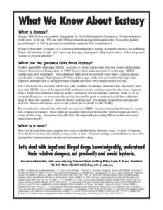 What We Know About Ecstasy What is Ecstasy? Ecstasy, MDMA,1 is a semi-synthetic drug patented by Merck Pharmaceutical Company in 1914 and abandoned for 60 years. In the late 1970s and early 1980s psychiatrists and psycho