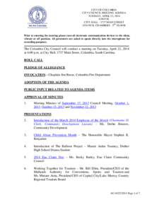 CITY OF COLUMBIA CITY COUNCIL MEETING AGENDA TUESDAY, APRIL 22, 2014 6:00 P.M. CITY HALL[removed]MAIN STREET COUNCIL CHAMBERS - 3RD FLOOR