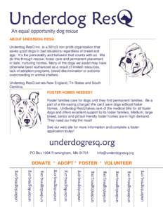 ABOUT UNDERDOG RESQ Underdog ResQ Inc. is a 501c3 non-profit organization that saves good dogs in bad situations regardless of breed and age. It’s the personality and behavior that counts with us. We do this through re