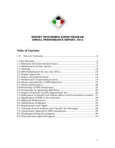 EXPORT PROCESSING ZONES PROGRAM ANNUAL PERFORMANCE REPORT, 2012 Table of Contents 1.0