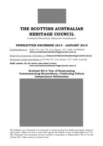 THE SCOTTISH AUSTRALIAN HERITAGE COUNCIL Comhairle Dhualchais Albannach-Astràilianach NEWSLETTER DECEMBER[removed]JANUARY 2015 Correspondence to
