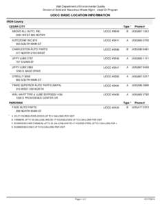 Utah Department of Environmental Quality Division of Solid and Hazardous Waste Mgmt - Used Oil Program UOCC BASIC LOCATION INFORMATION IRON County CEDAR CITY