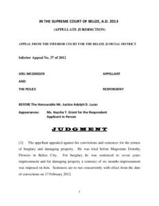 IN THE SUPREME COURT OF BELIZE, A.DAPPELLATE JURISDICTION) APPEAL FROM THE INFERIOR COURT FOR THE BELIZE JUDICIAL DISTRICT  Inferior Appeal No. 37 of 2012
