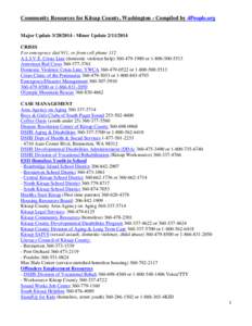 Community Resources for Kitsap County, Washington - Compiled by 4People.org Major Update[removed]Minor Update[removed]CRISIS For emergency dial 911, or from cell phone 112 A.L.I.V.E. Crisis Line (domestic violence 