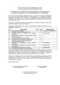 ACTA Nº 029 DE 07 DE NOVIEMBRE DE 2013 EVALUACION TÉCNICA INVITACIÓN Nº 034 . CONTRATAR EL TRANSPORTE TERRESTRE DE PASAJEROS DE LA CIUDAD DE IBAGUÉ A LA CIUDAD DE MEDELLÍN Y VICEVERSA.