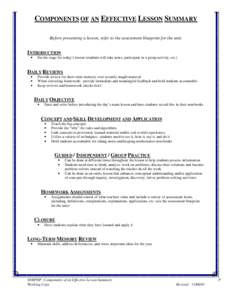 COMPONENTS OF AN EFFECTIVE LESSON SUMMARY Before presenting a lesson, refer to the assessment blueprint for the unit. INTRODUCTION •