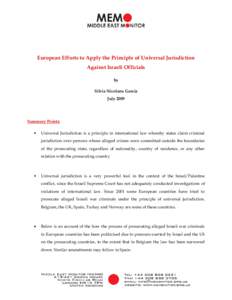 European Efforts to Apply the Principle of Universal Jurisdiction Against Israeli Officials by Silvia Nicolaou Garcia July 2009