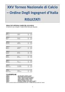 XXV Torneo Nazionale di Calcio – Ordine Degli Ingegneri d’Italia RISULTATI RISULTATI UFFICIALI GARE DELSi trascrivono qui di seguito i risultati ufficiali delle gare disputate