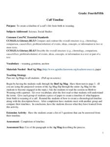 Grade: Fourth/Fifth Calf Timeline Purpose: To create a timeline of a calf’s life from birth to weaning. Subjects Addressed: Science, Social Studies Common Core/NC Essential Standards CCSS.ELA-Literacy.RI.5.5 Compare an