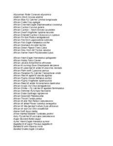 Abyssinian Roller Coracias abyssinica Abdim’s Stork Ciconia abdimii African Blue Fly Catcher Llminia lomgicauda African Crake Crex egregia African Crowned Eagle Stephanoaetus coranotus African Cuckoo Cuculus gularis