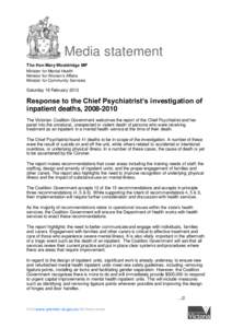 Media statement The Hon Mary Wooldridge MP Minister for Mental Health Minister for Women’s Affairs Minister for Community Services