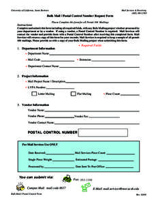 University of California, Santa Barbara  Mail Services & Receiving[removed]Bulk Mail / Postal Control Number Request Form