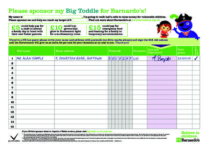 Please sponsor my Big Toddle for Barnardo’s! My name is Please sponsor me and help me reach my target of £ £5