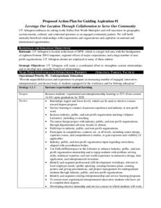 Proposed Action Plan for Guiding Aspiration #1 Leverage Our Location Through Collaboration to Serve Our Community UT Arlington embraces its setting in the Dallas-Fort Worth Metroplex and will maximize its geographic, soc